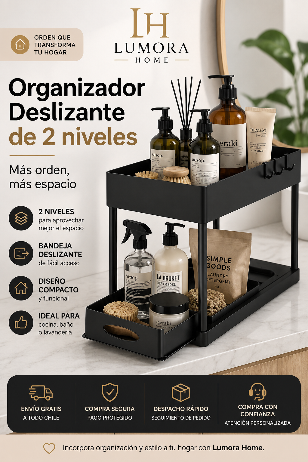 Organizador Deslizante de 2 Niveles para Cocina, Baño y Lavandería