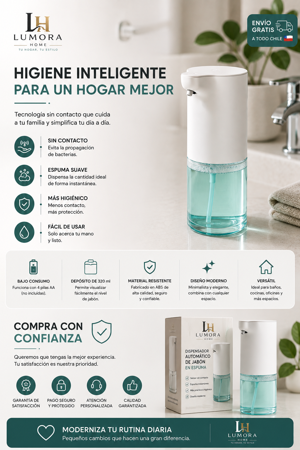 Dispensador Automático de Jabón en Espuma | Sensor sin Contacto