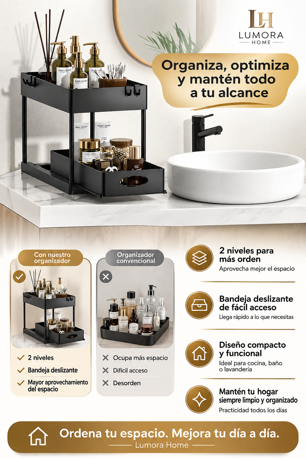Organizador Deslizante de 2 Niveles para Cocina, Baño y Lavandería