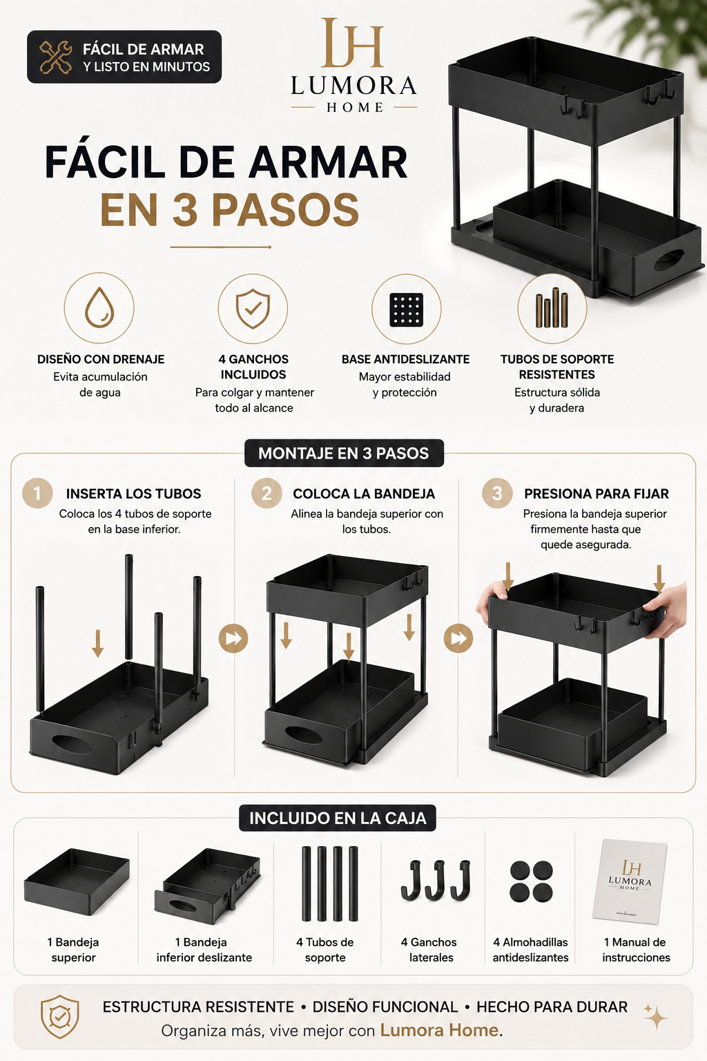 Organizador Deslizante de 2 Niveles para Cocina, Baño y Lavandería