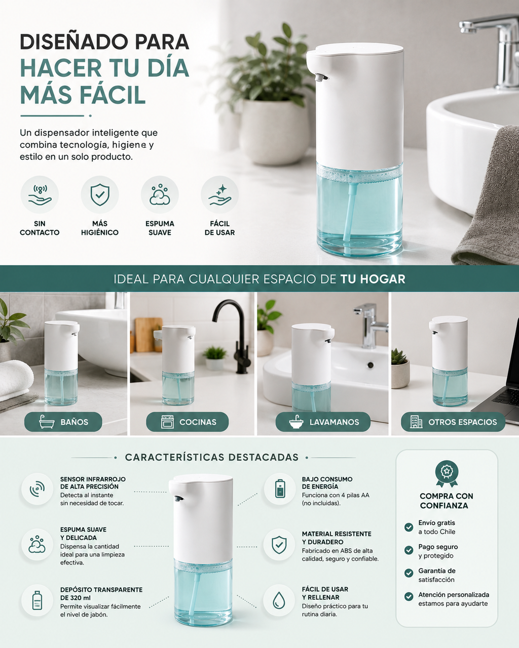 Dispensador Automático de Jabón en Espuma | Sensor sin Contacto