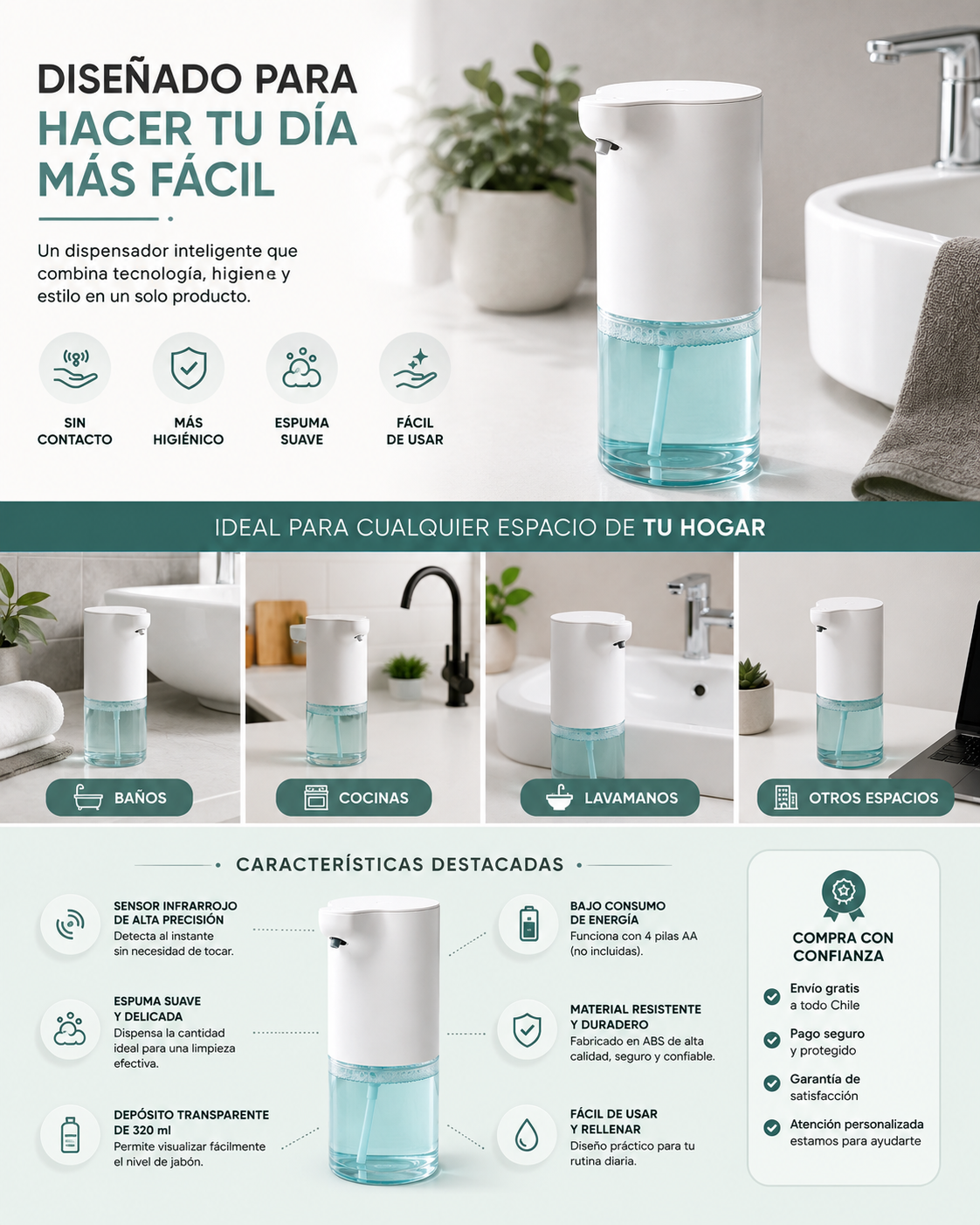 Dispensador Automático de Jabón en Espuma | Sensor sin Contacto